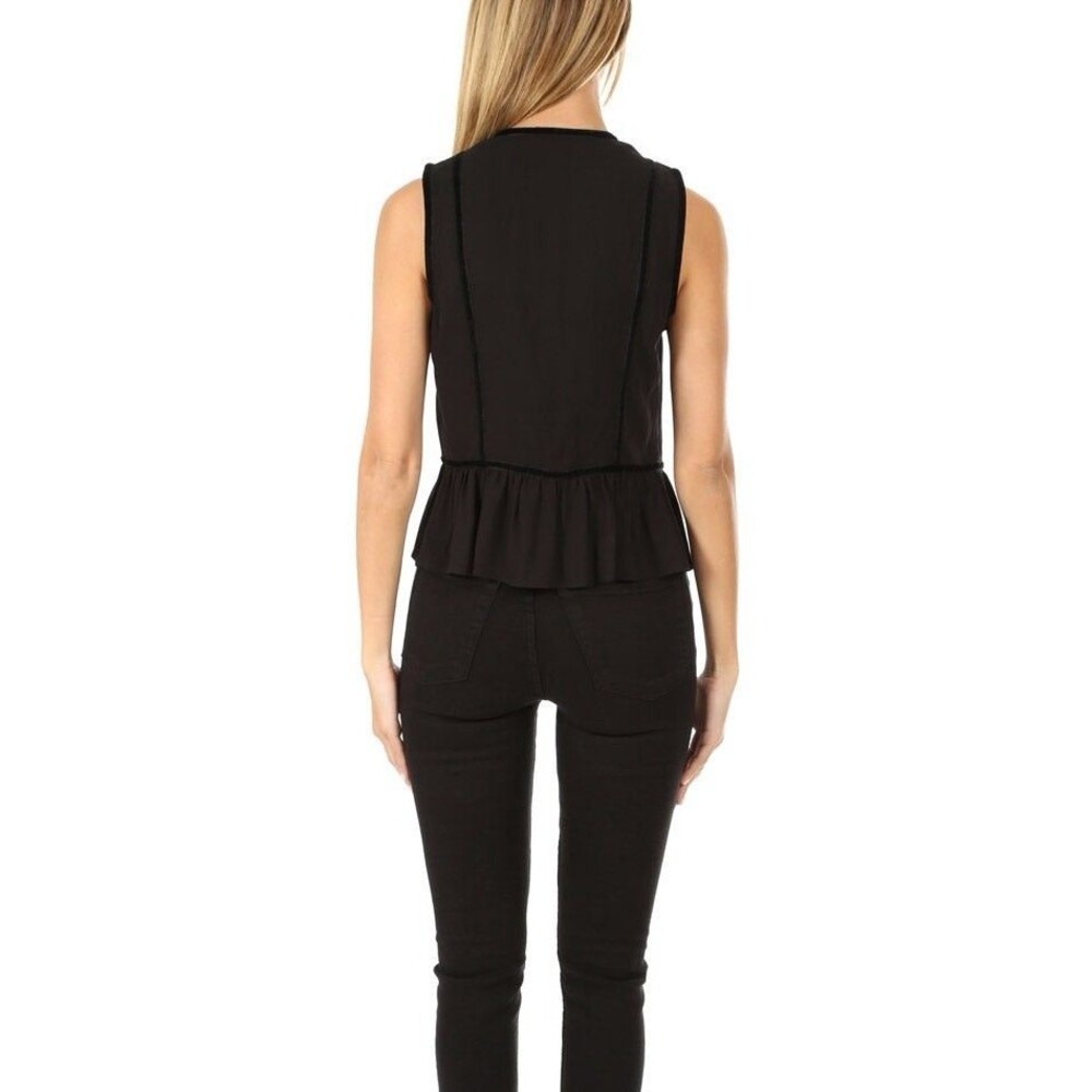 Frame Women's Black Sleeveless V-Neck Peplum Blouse Top Size Medium Velvet Trim - Picture 2 of 15